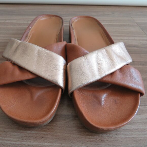 COLE HAAN Arielle Cross Over Slide Sandals in Gold Tan Leather Minimal Size 8.5 - Picture 4 of 15